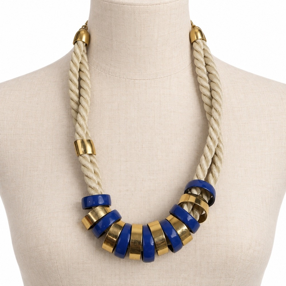 Vintage Nautical Rope Necklace Cream Blue Enamel Gold Tone Statement
